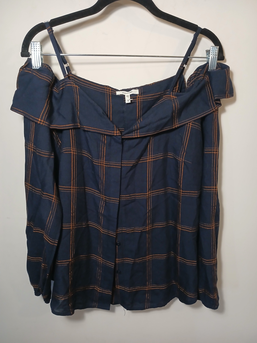 Maurices Navy Plaid Off-Shoulder Blouse with Rust Lines